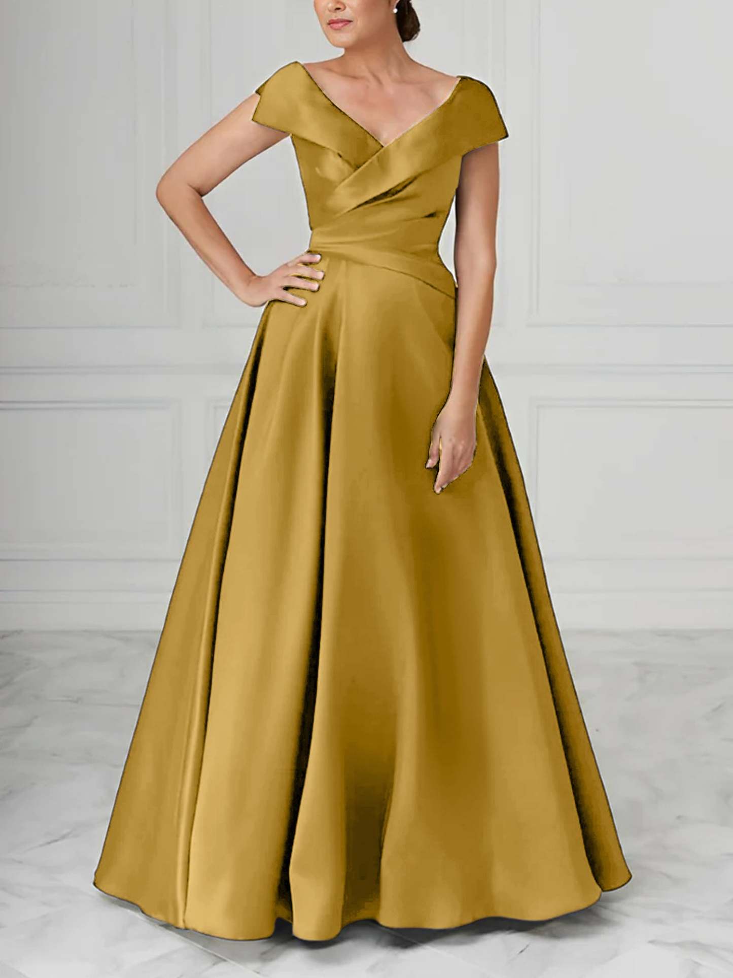 V-Neck Satin A-Line Mother of the Bride Dresses with Ruched Princess Details