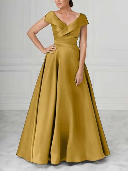 V-Neck Satin A-Line Mother of the Bride Dresses with Ruched Princess Details