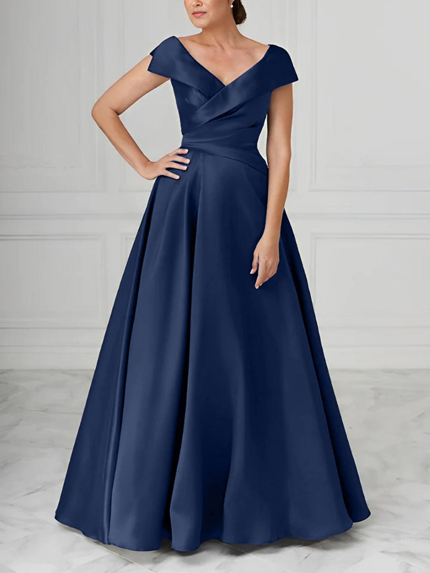 V-Neck Satin A-Line Mother of the Bride Dresses with Ruched Princess Details