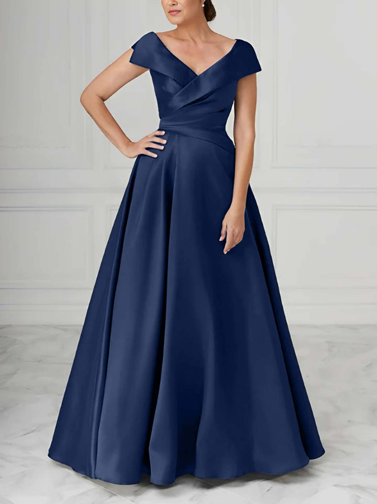 V-Neck Satin A-Line Mother of the Bride Dresses with Ruched Princess Details