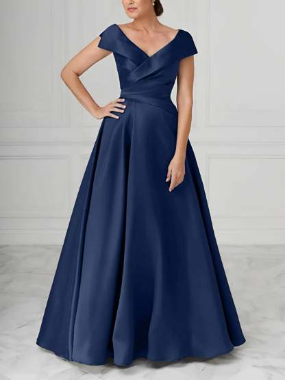 V-Neck Satin A-Line Mother of the Bride Dresses with Ruched Princess Details