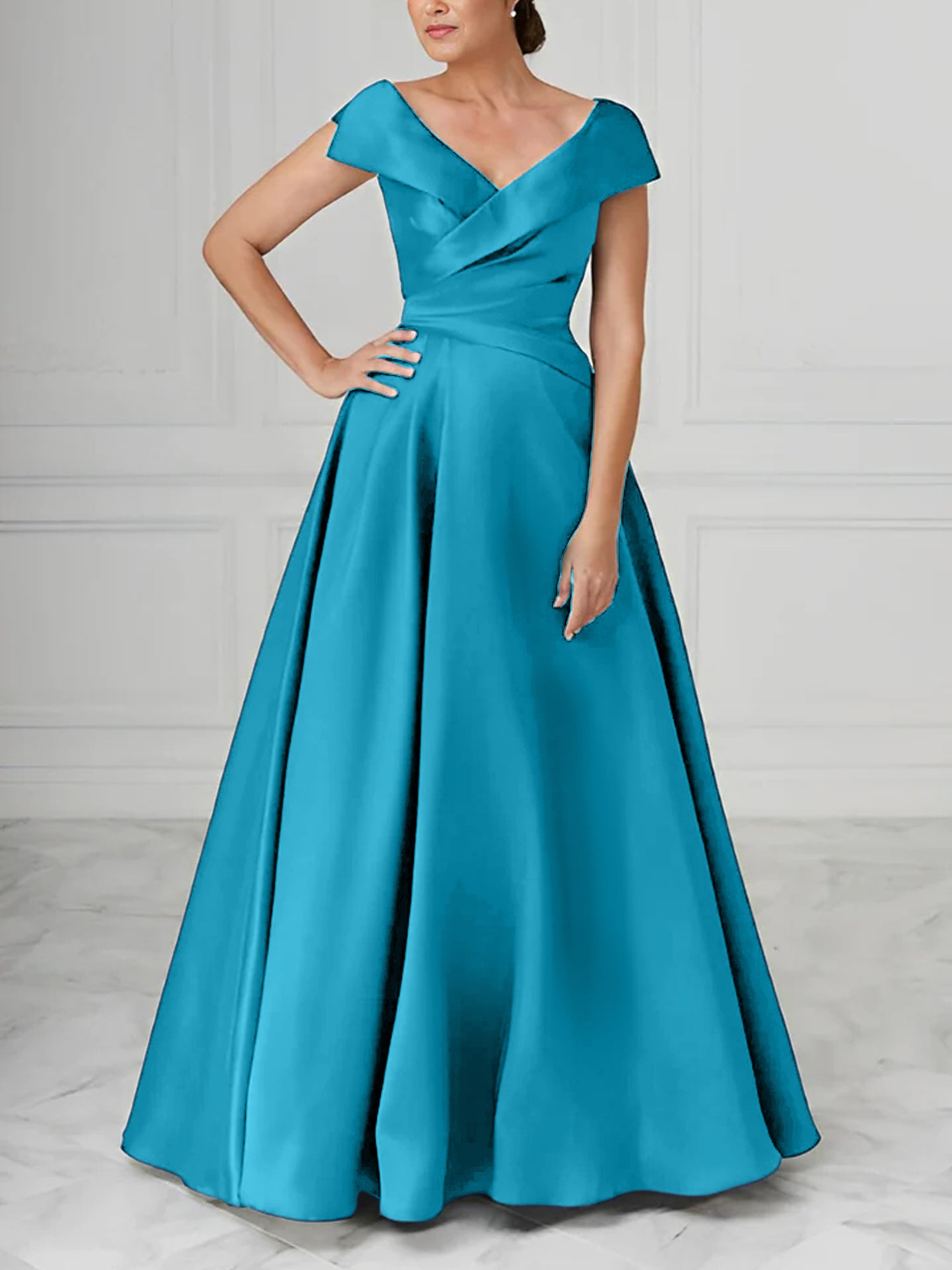 V-Neck Satin A-Line Mother of the Bride Dresses with Ruched Princess Details