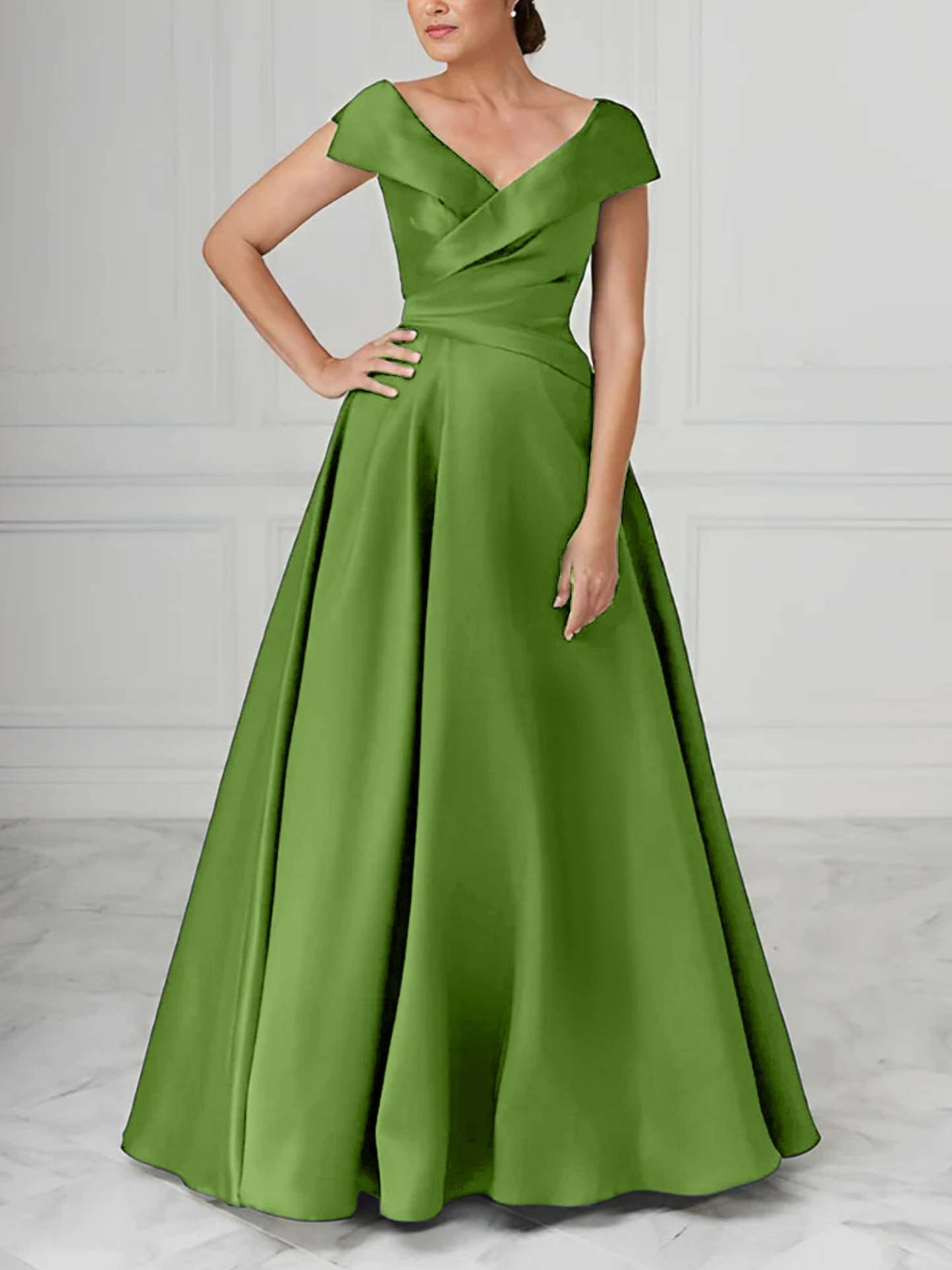 V-Neck Satin A-Line Mother of the Bride Dresses with Ruched Princess Details