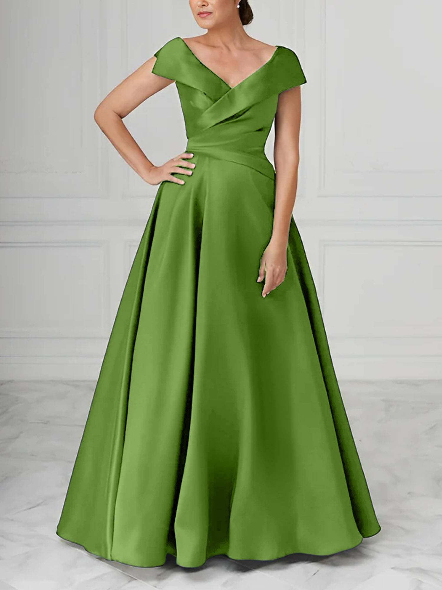 V-Neck Satin A-Line Mother of the Bride Dresses with Ruched Princess Details