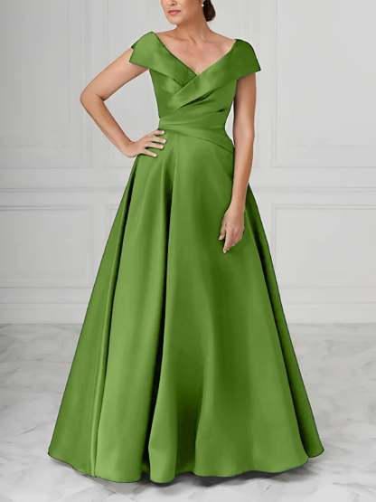 V-Neck Satin A-Line Mother of the Bride Dresses with Ruched Princess Details