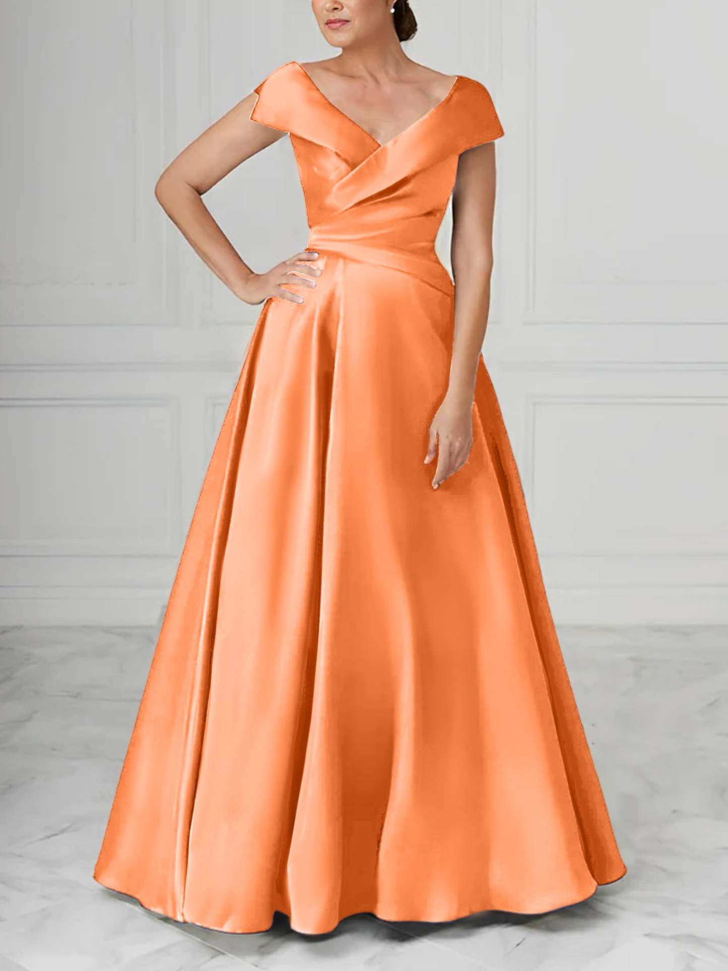 V-Neck Satin A-Line Mother of the Bride Dresses with Ruched Princess Details