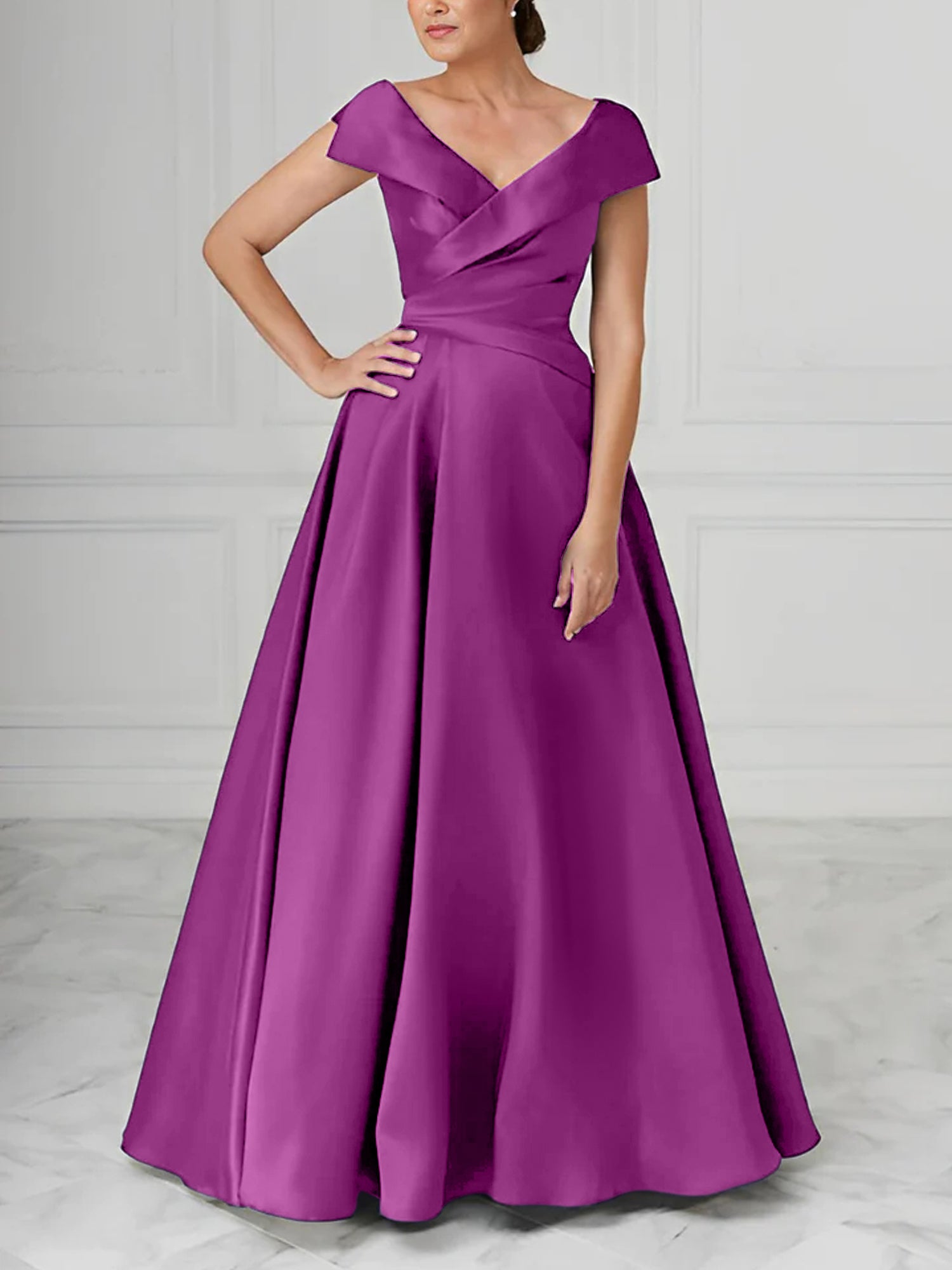 V-Neck Satin A-Line Mother of the Bride Dresses with Ruched Princess Details
