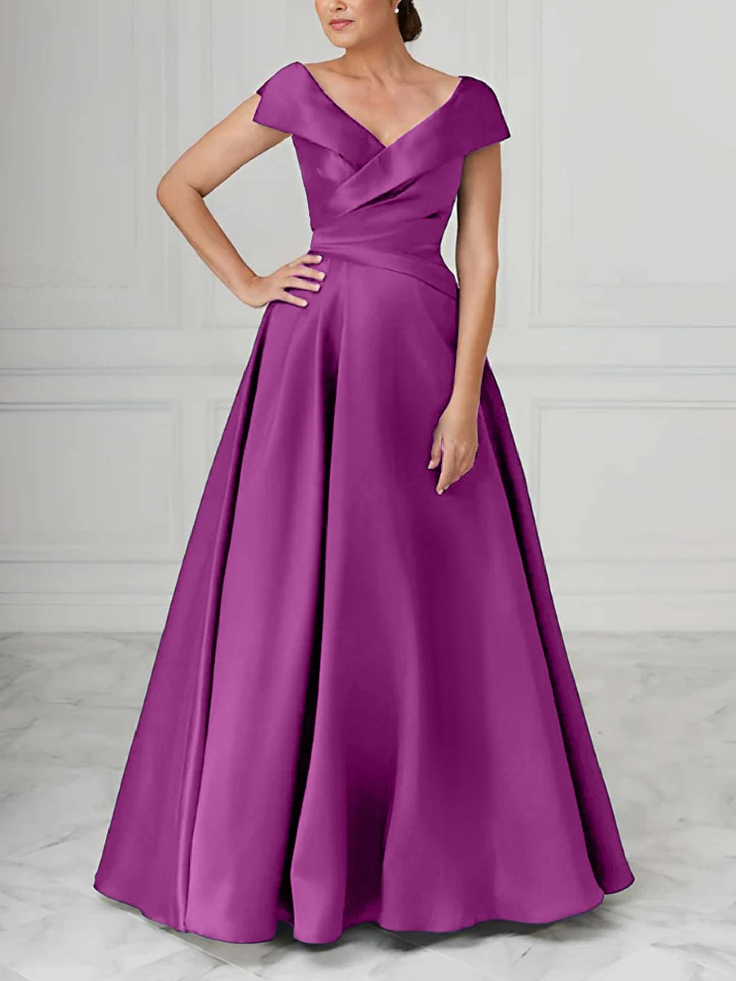 V-Neck Satin A-Line Mother of the Bride Dresses with Ruched Princess Details