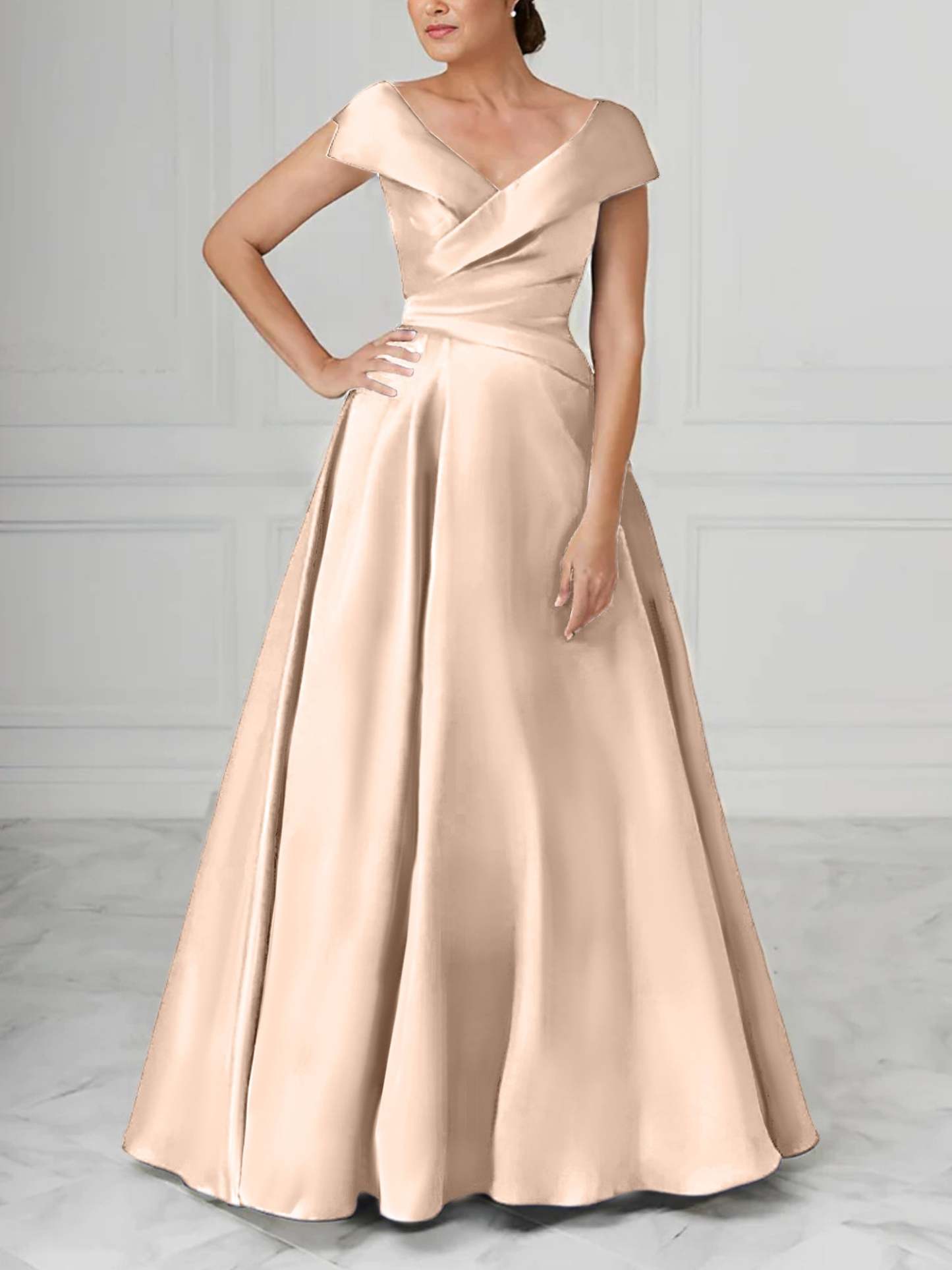 V-Neck Satin A-Line Mother of the Bride Dresses with Ruched Princess Details