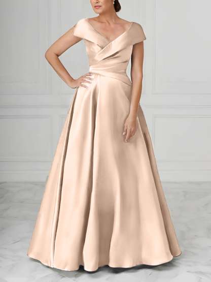V-Neck Satin A-Line Mother of the Bride Dresses with Ruched Princess Details