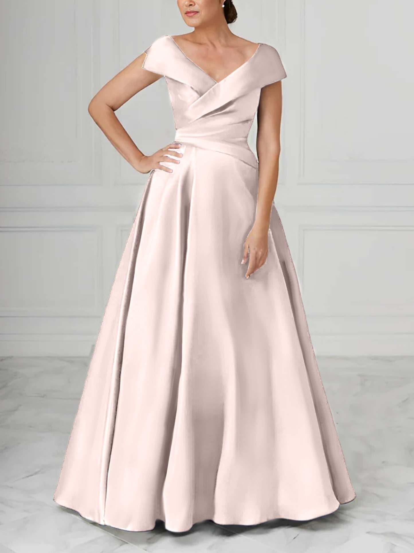 V-Neck Satin A-Line Mother of the Bride Dresses with Ruched Princess Details