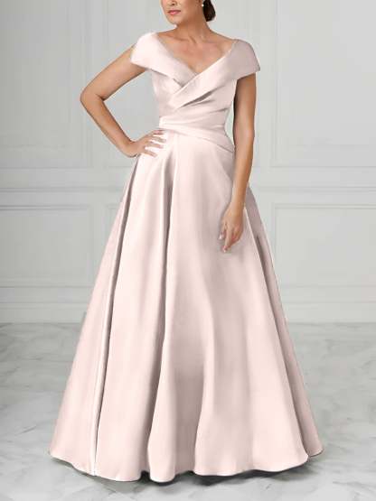 V-Neck Satin A-Line Mother of the Bride Dresses with Ruched Princess Details