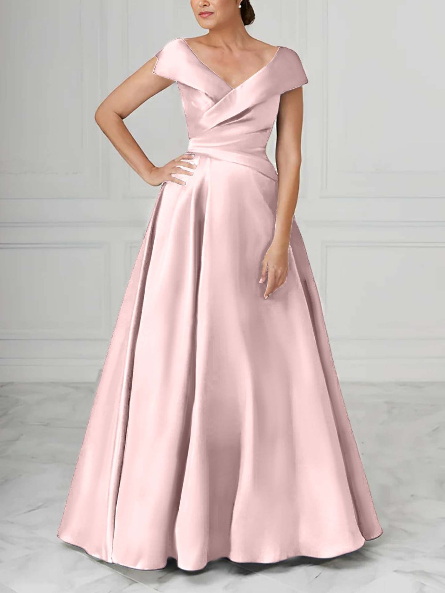 V-Neck Satin A-Line Mother of the Bride Dresses with Ruched Princess Details