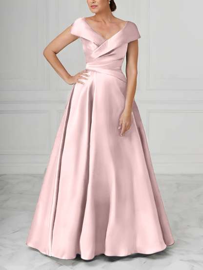 V-Neck Satin A-Line Mother of the Bride Dresses with Ruched Princess Details
