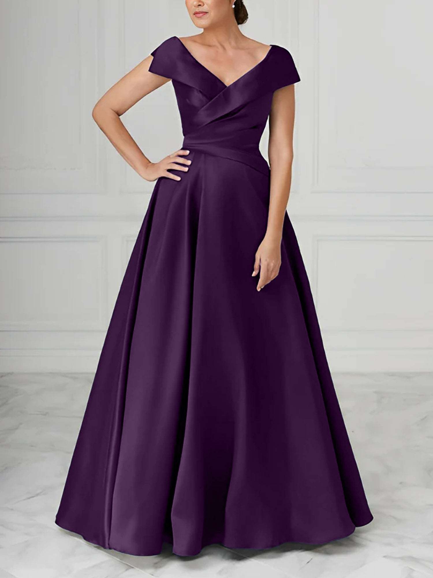 V-Neck Satin A-Line Mother of the Bride Dresses with Ruched Princess Details