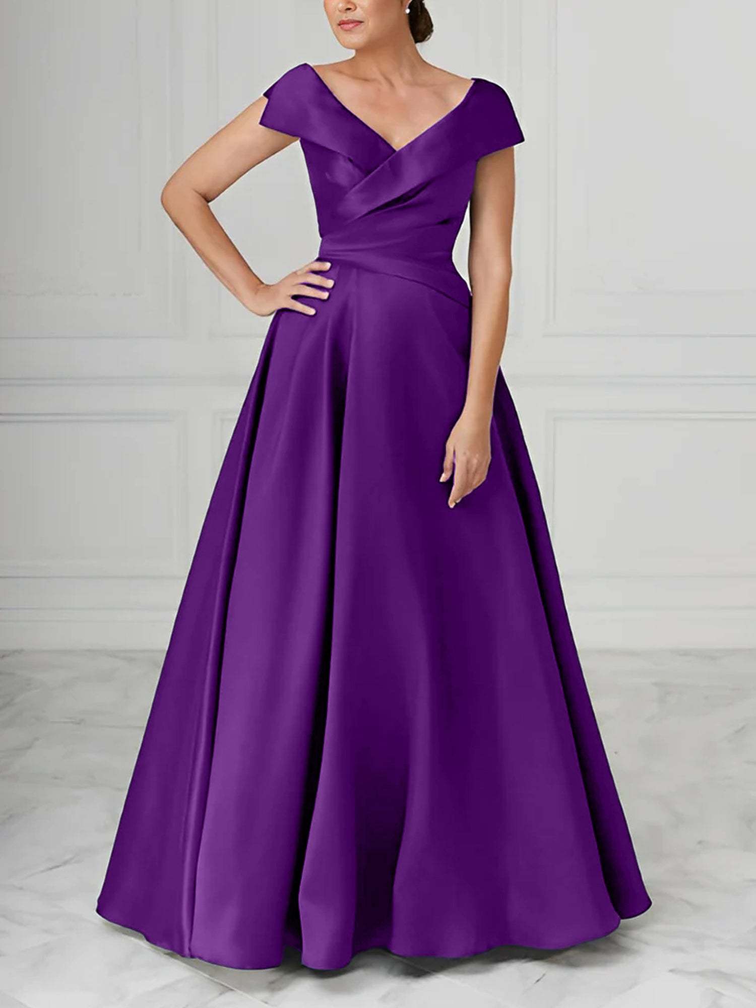 V-Neck Satin A-Line Mother of the Bride Dresses with Ruched Princess Details