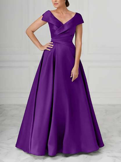 V-Neck Satin A-Line Mother of the Bride Dresses with Ruched Princess Details