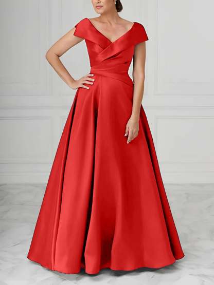 V-Neck Satin A-Line Mother of the Bride Dresses with Ruched Princess Details