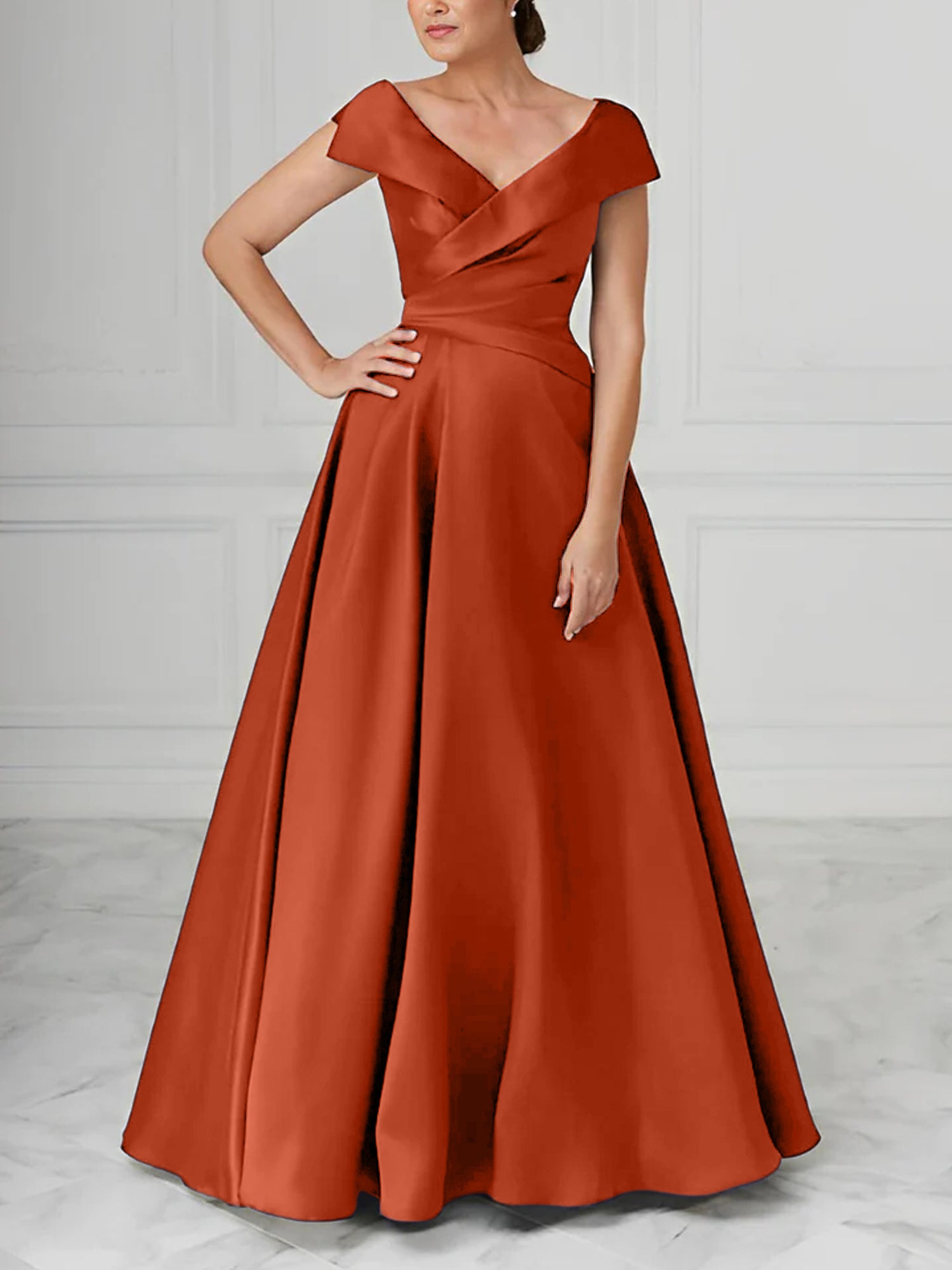 V-Neck Satin A-Line Mother of the Bride Dresses with Ruched Princess Details