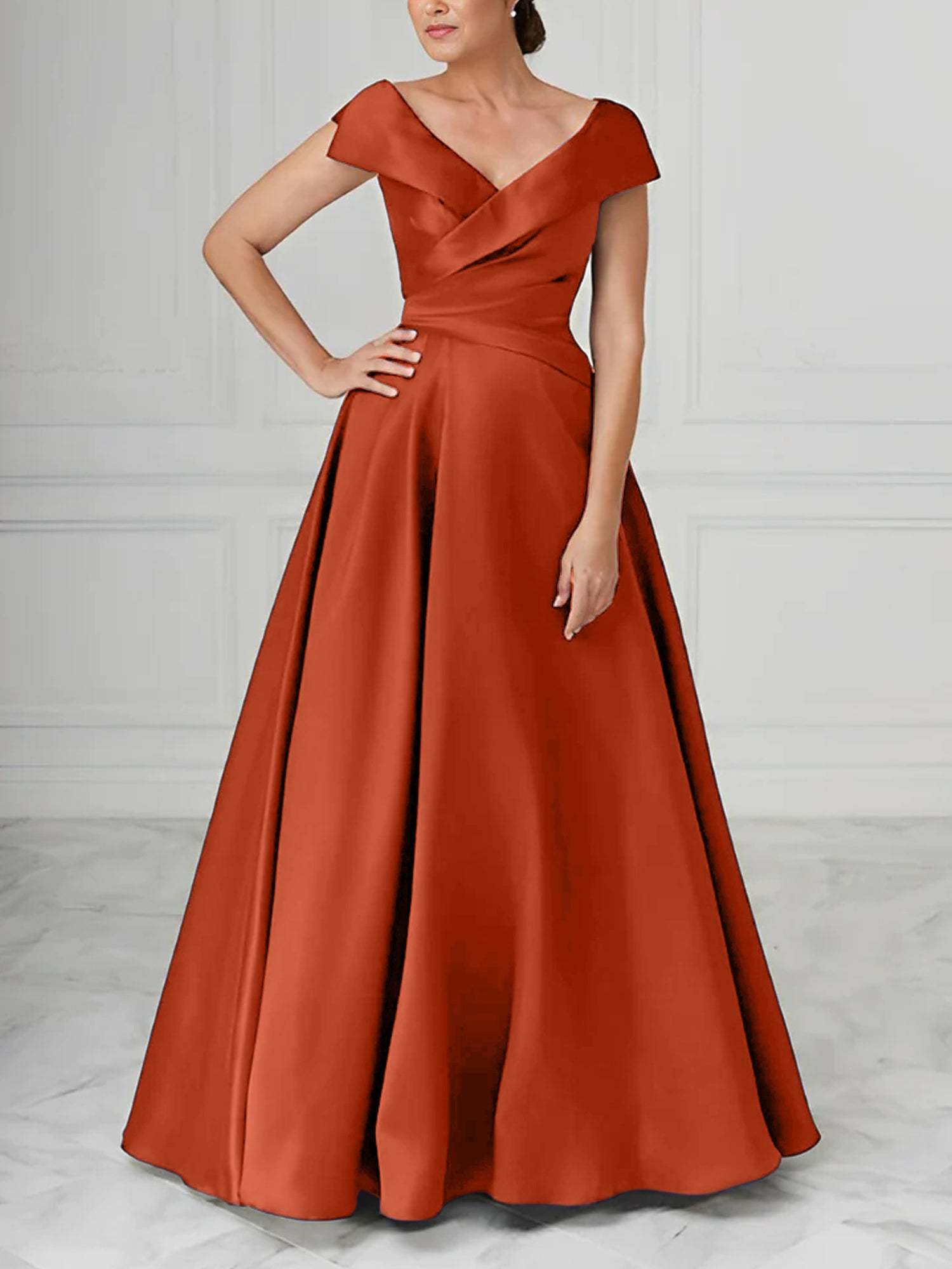 V-Neck Satin A-Line Mother of the Bride Dresses with Ruched Princess Details