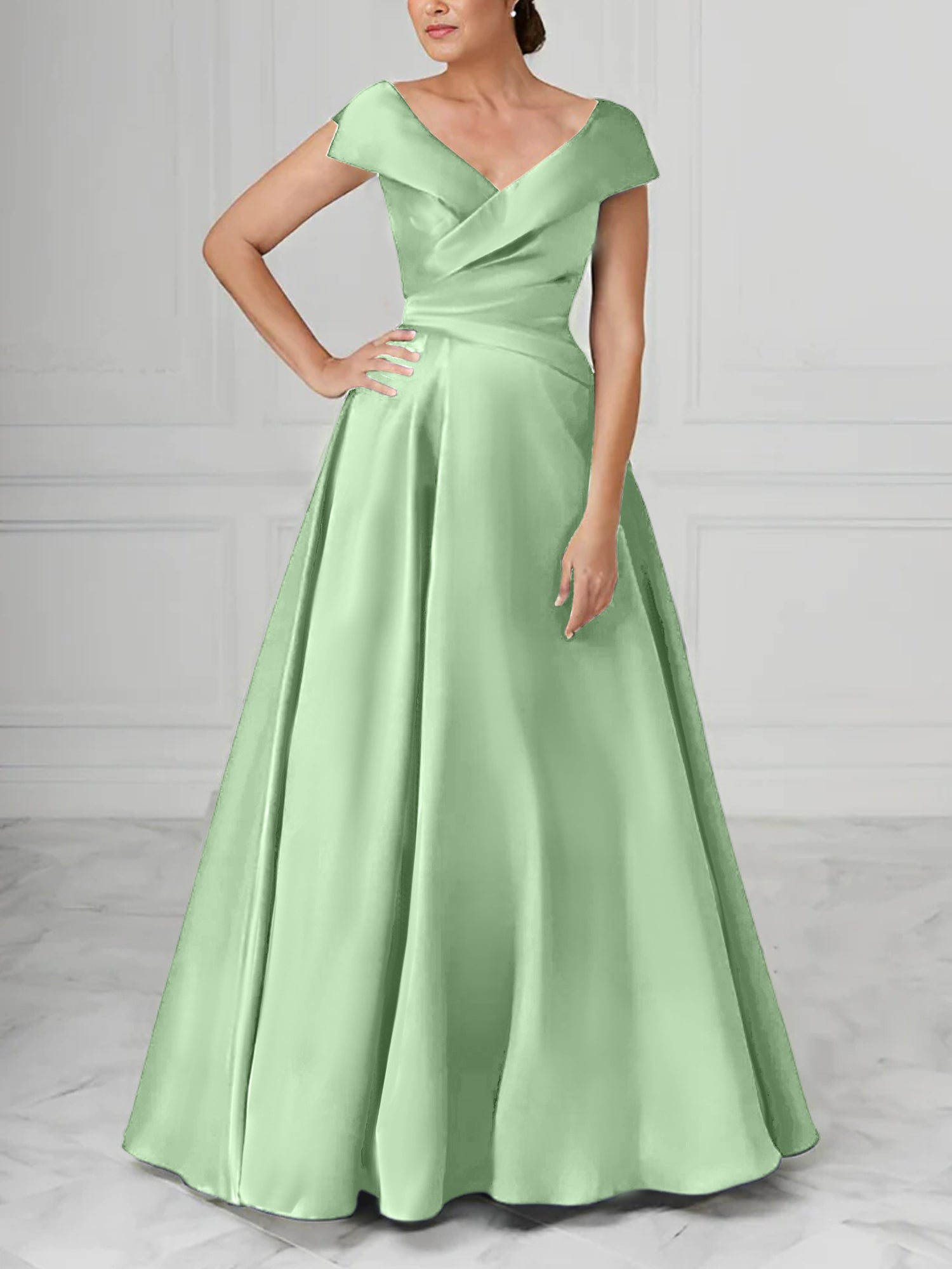 V-Neck Satin A-Line Mother of the Bride Dresses with Ruched Princess Details