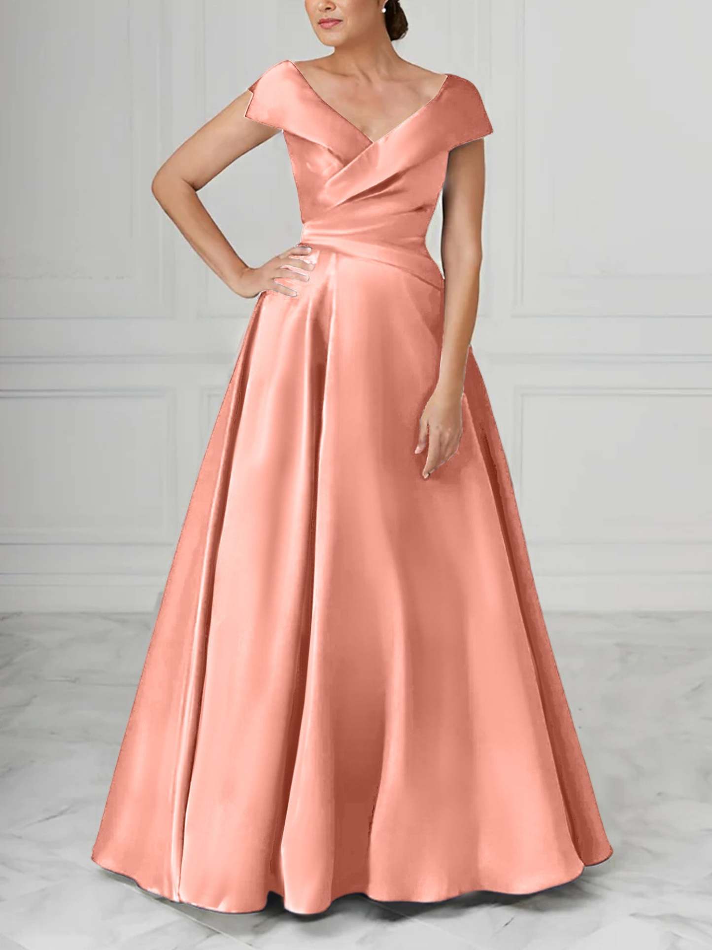 V-Neck Satin A-Line Mother of the Bride Dresses with Ruched Princess Details