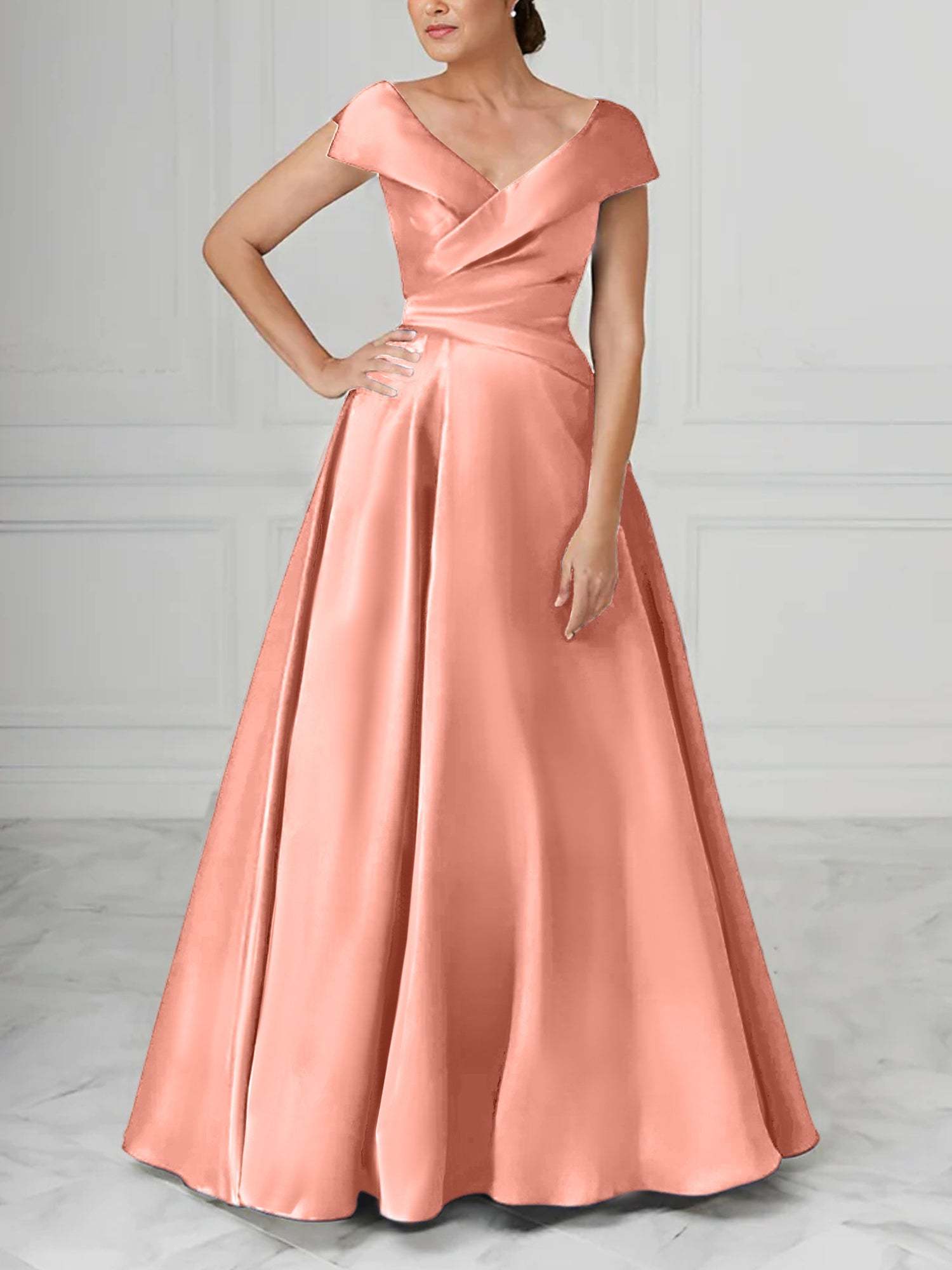 V-Neck Satin A-Line Mother of the Bride Dresses with Ruched Princess Details