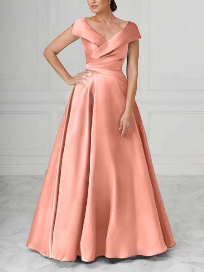 V-Neck Satin A-Line Mother of the Bride Dresses with Ruched Princess Details