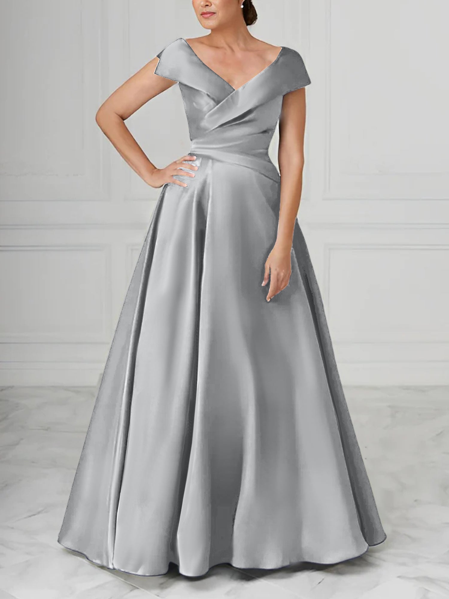 V-Neck Satin A-Line Mother of the Bride Dresses with Ruched Princess Details