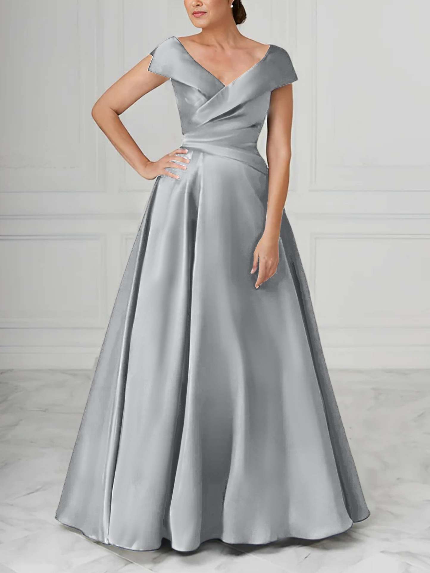 V-Neck Satin A-Line Mother of the Bride Dresses with Ruched Princess Details