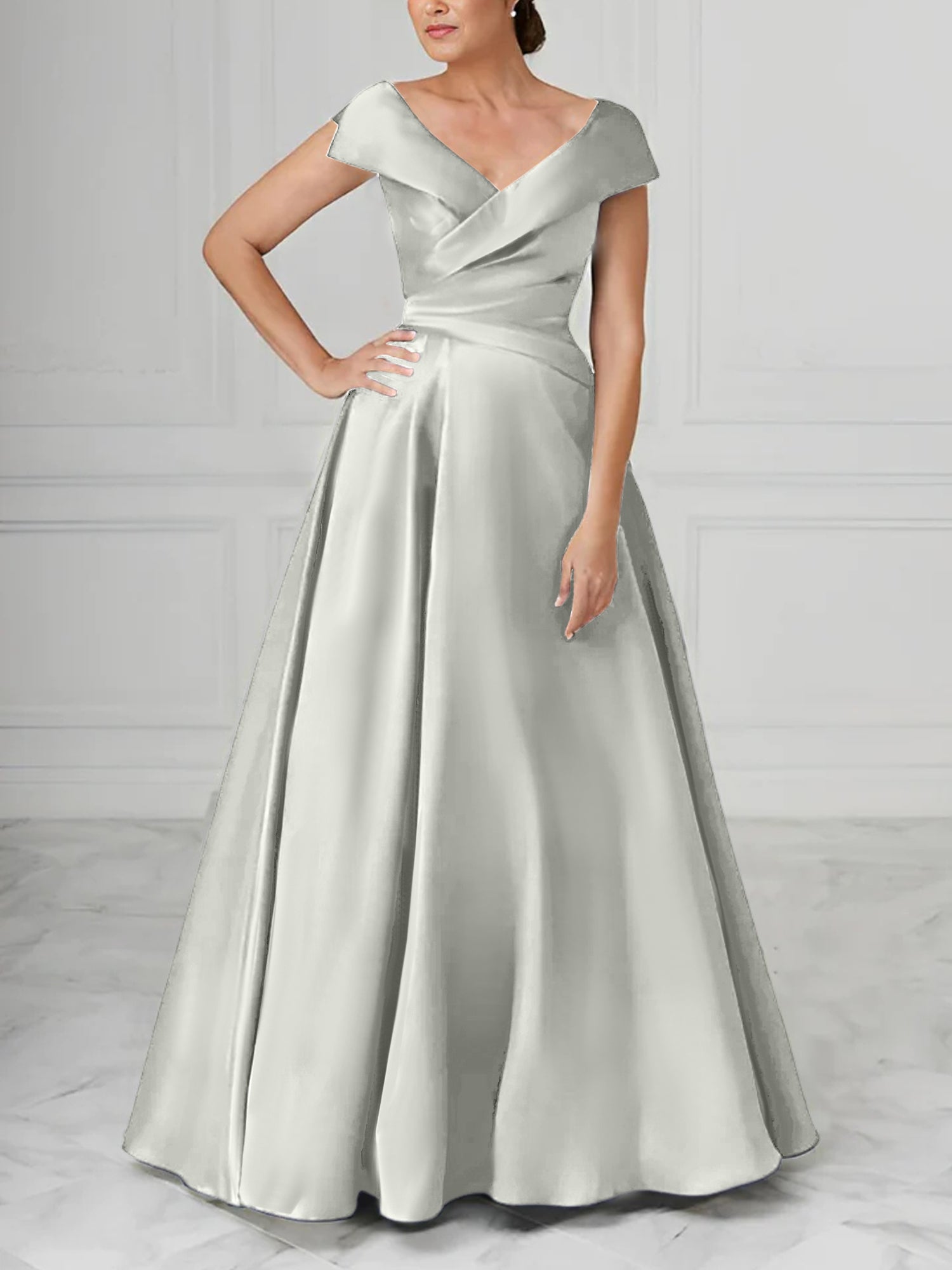 V-Neck Satin A-Line Mother of the Bride Dresses with Ruched Princess Details