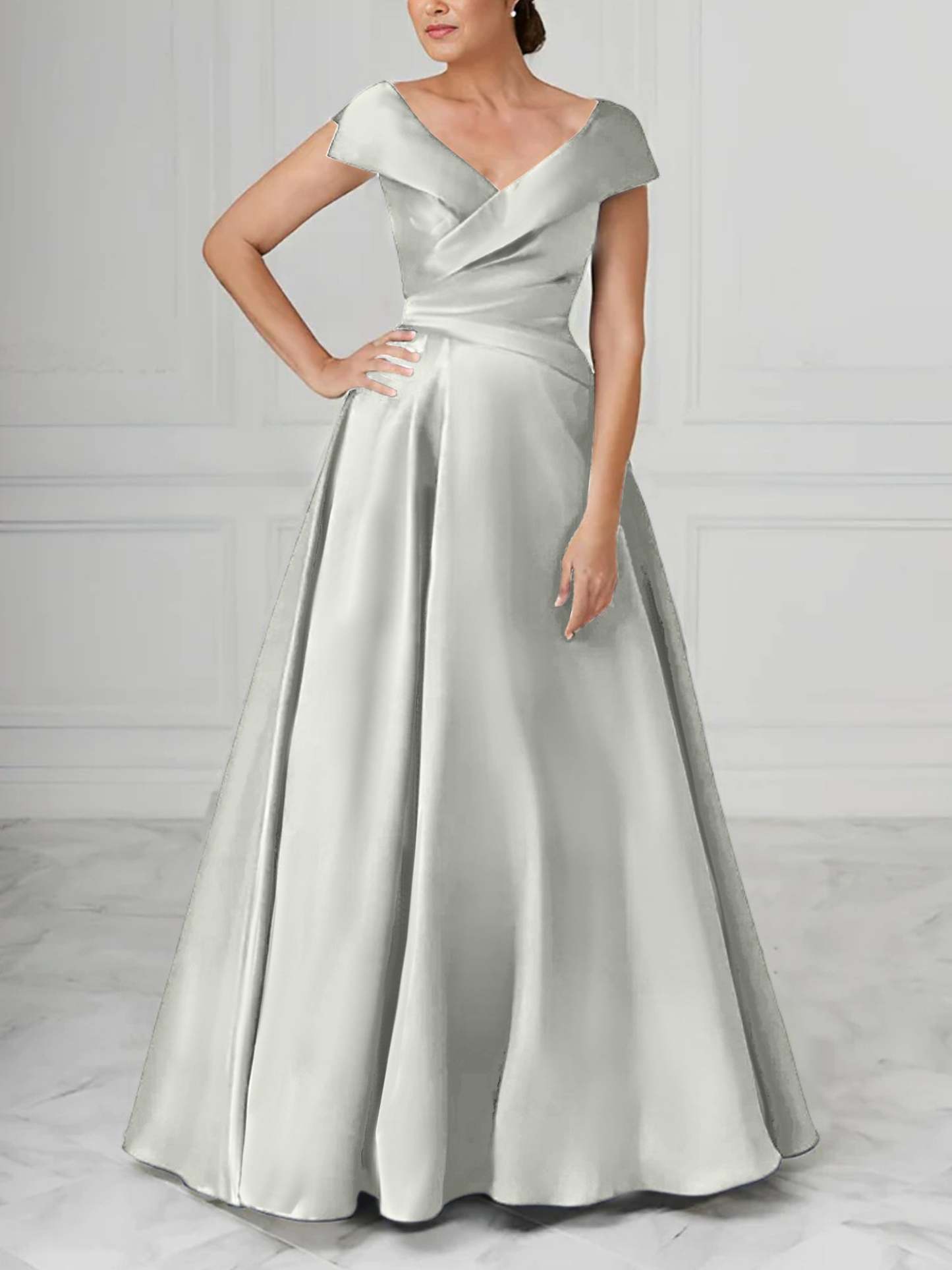 V-Neck Satin A-Line Mother of the Bride Dresses with Ruched Princess Details