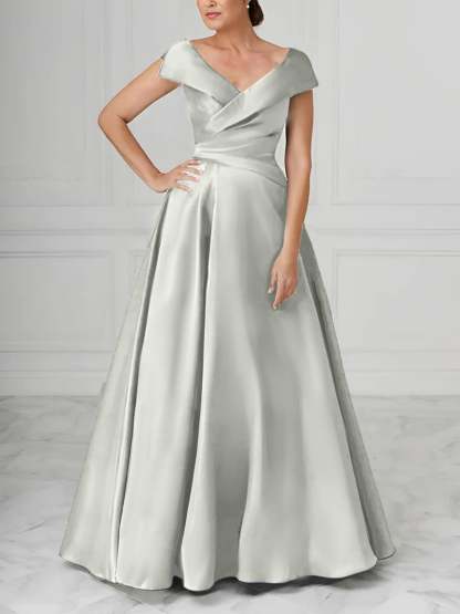 V-Neck Satin A-Line Mother of the Bride Dresses with Ruched Princess Details
