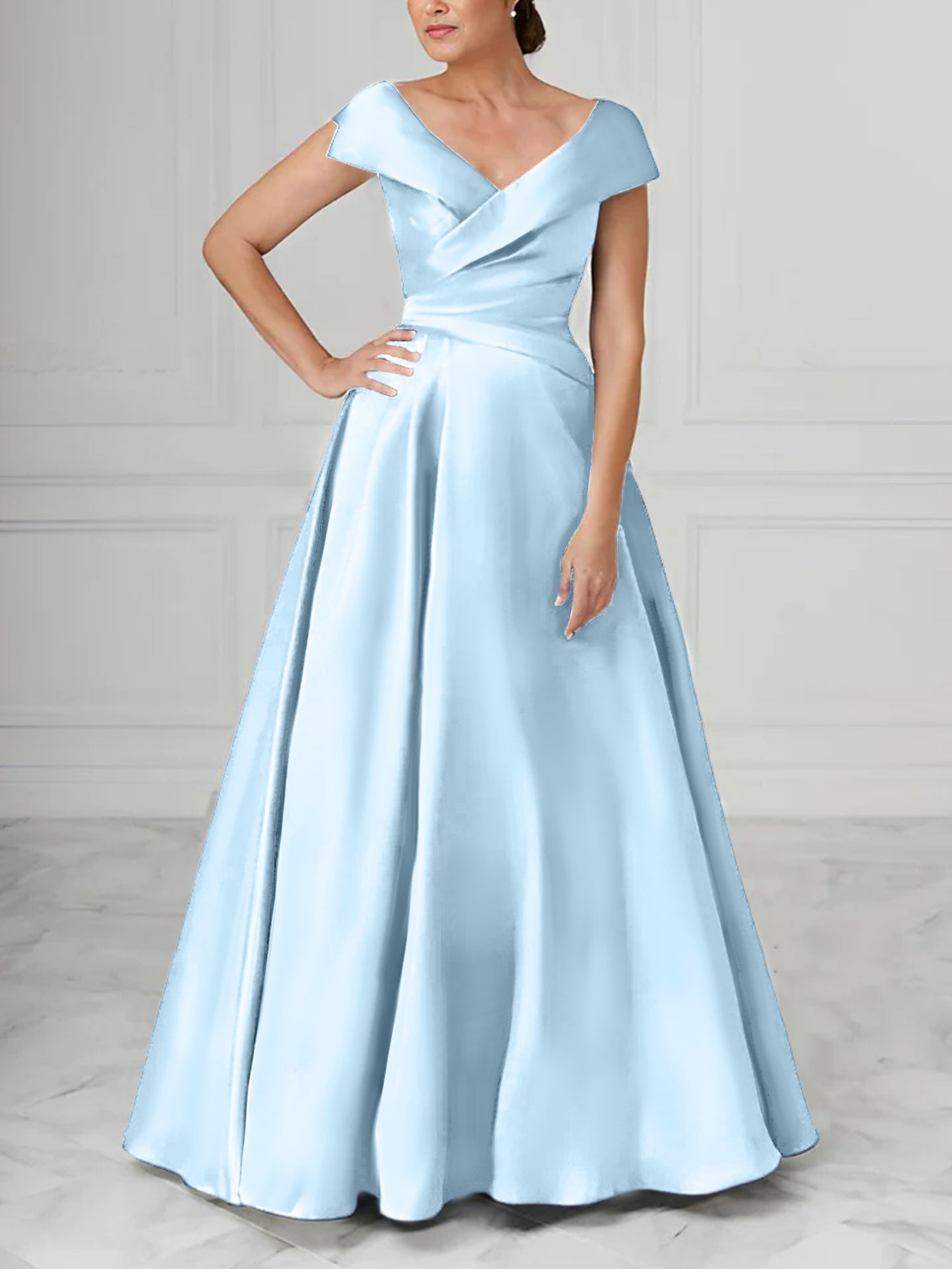 V-Neck Satin A-Line Mother of the Bride Dresses with Ruched Princess Details