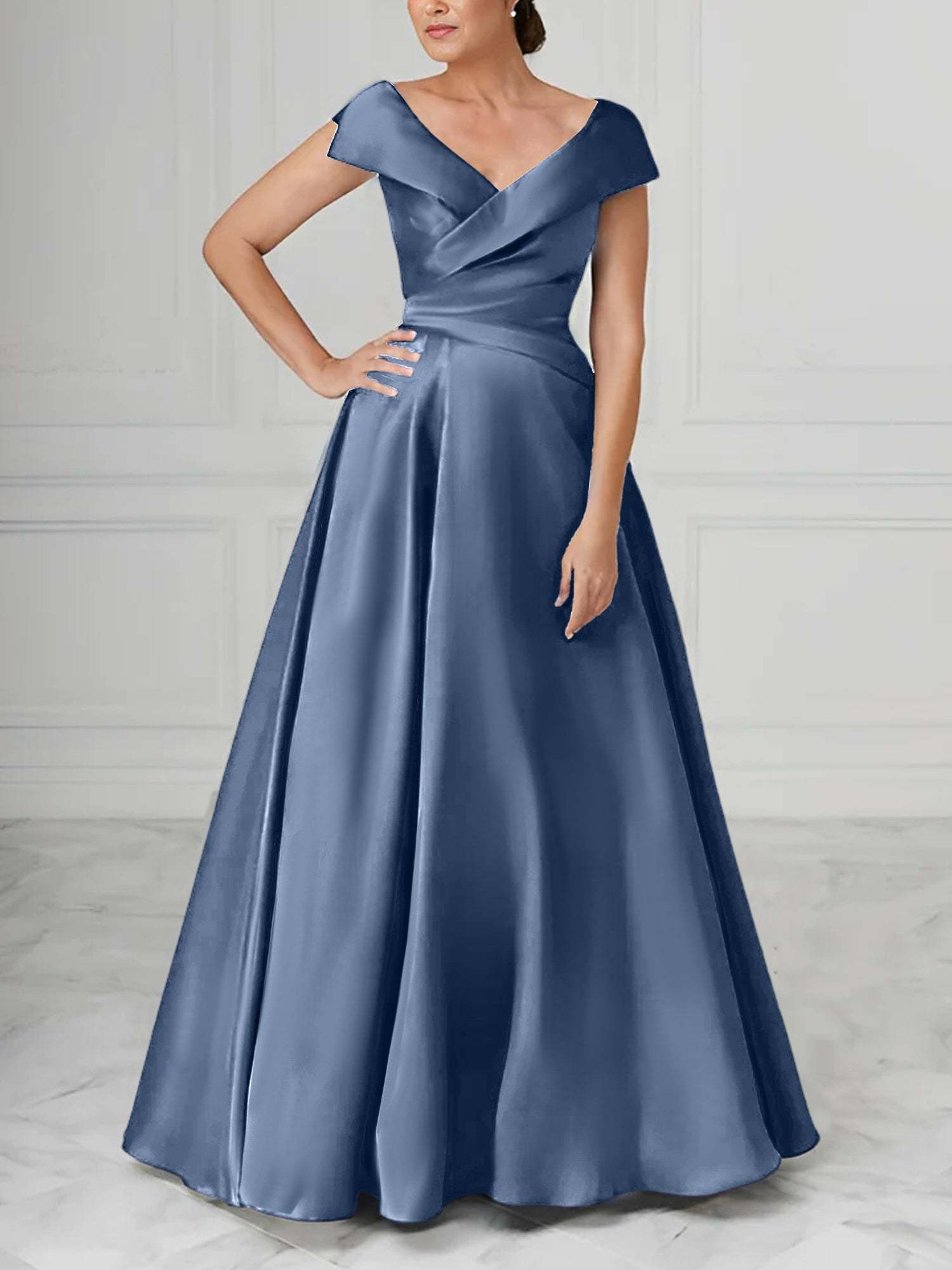 V-Neck Satin A-Line Mother of the Bride Dresses with Ruched Princess Details