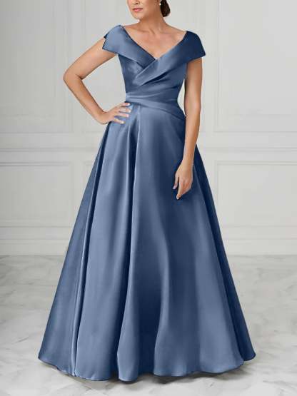 V-Neck Satin A-Line Mother of the Bride Dresses with Ruched Princess Details
