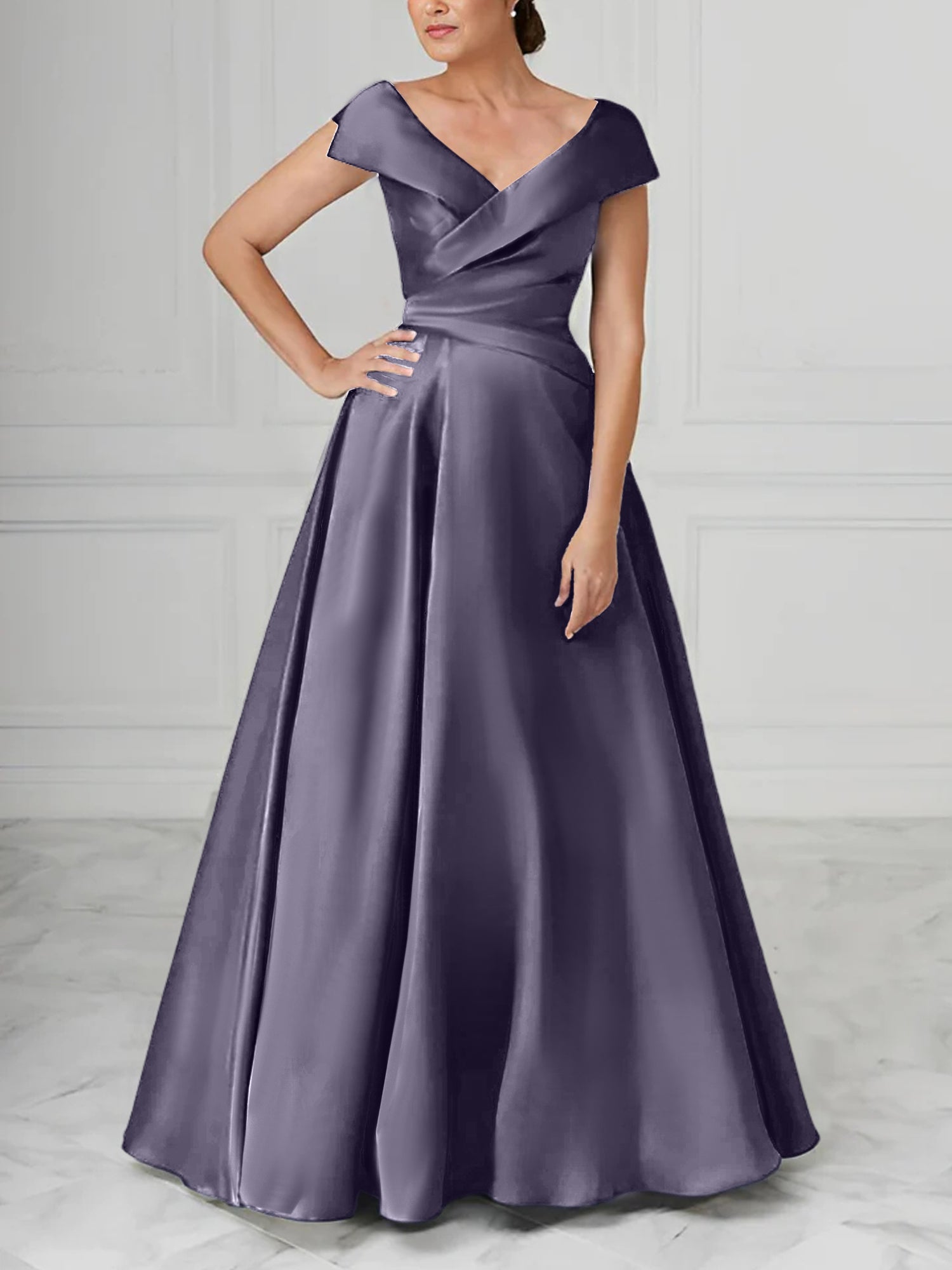 V-Neck Satin A-Line Mother of the Bride Dresses with Ruched Princess Details