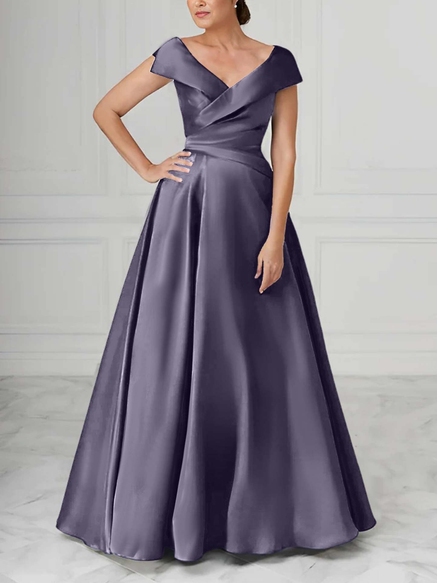 V-Neck Satin A-Line Mother of the Bride Dresses with Ruched Princess Details