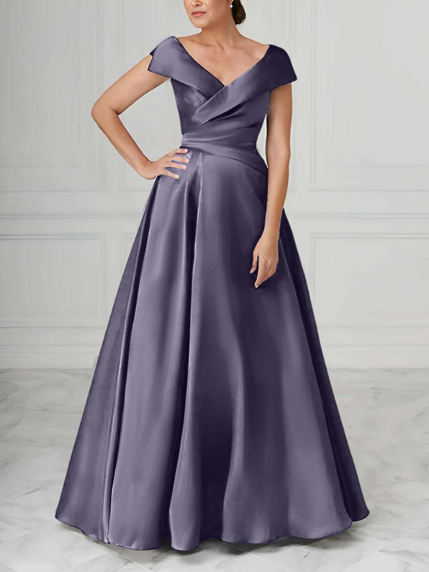 V-Neck Satin A-Line Mother of the Bride Dresses with Ruched Princess Details