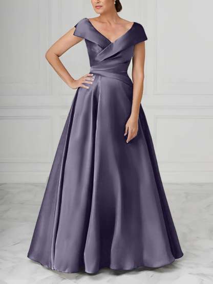 V-Neck Satin A-Line Mother of the Bride Dresses with Ruched Princess Details