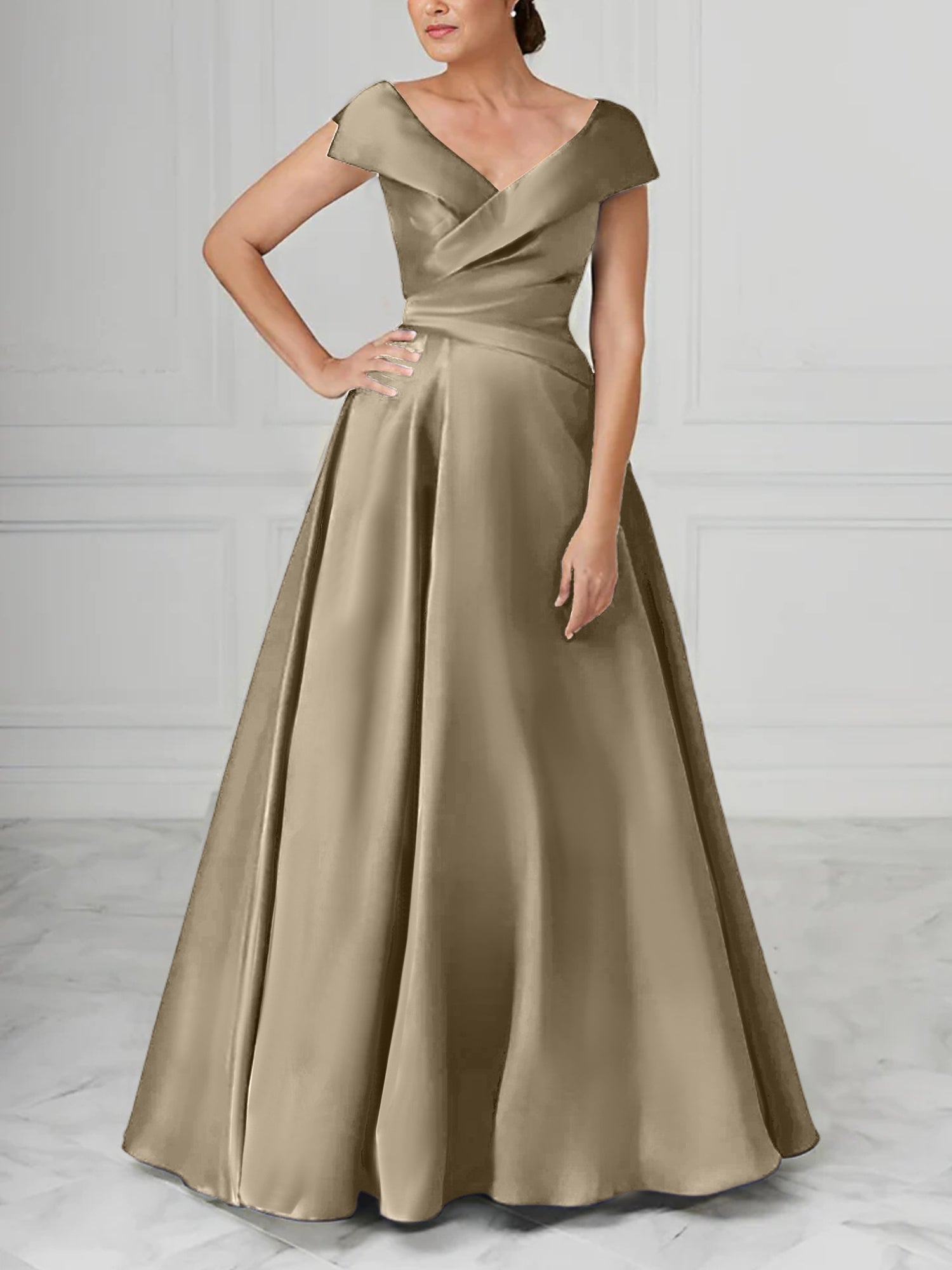 V-Neck Satin A-Line Mother of the Bride Dresses with Ruched Princess Details