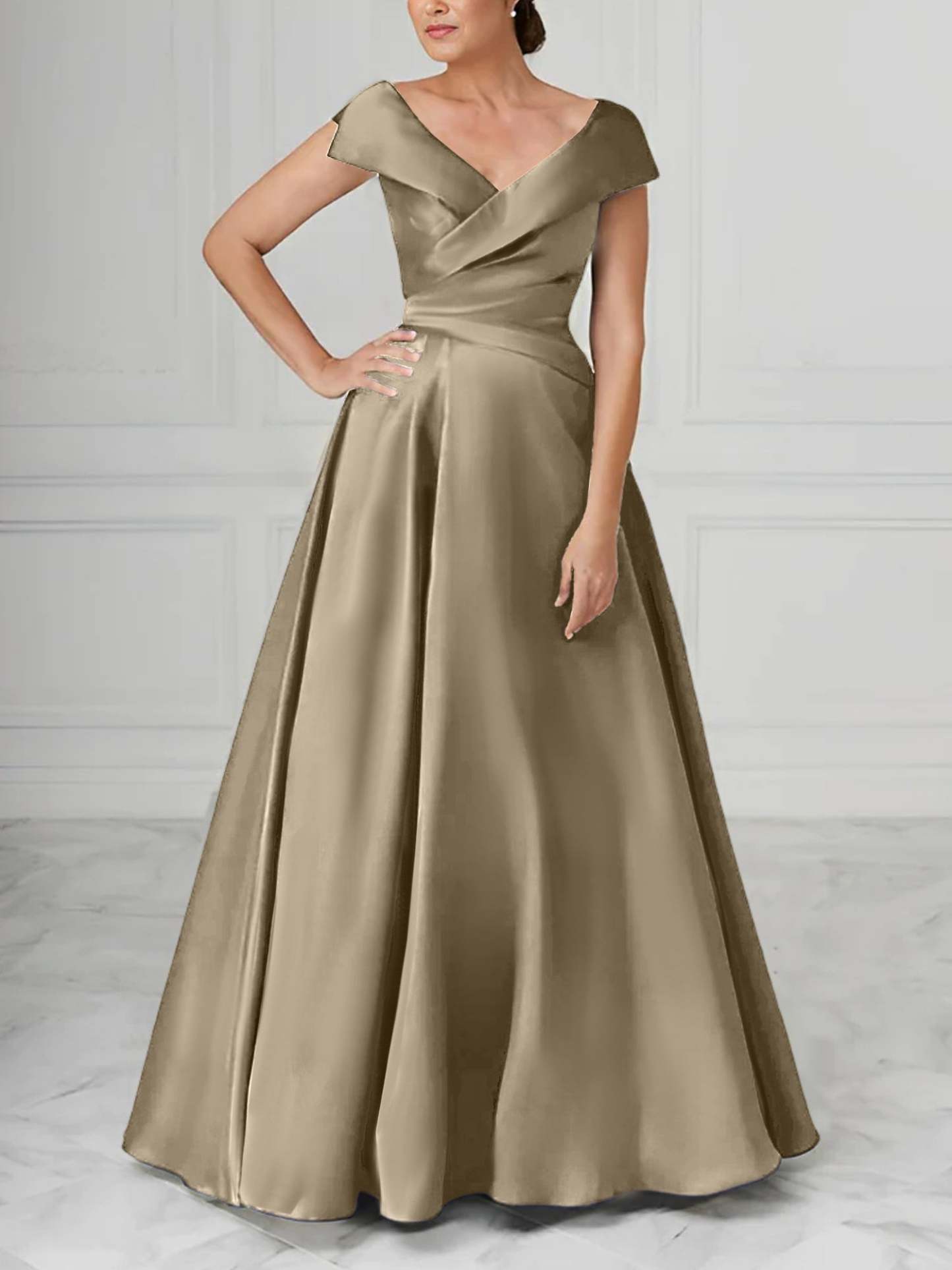 V-Neck Satin A-Line Mother of the Bride Dresses with Ruched Princess Details