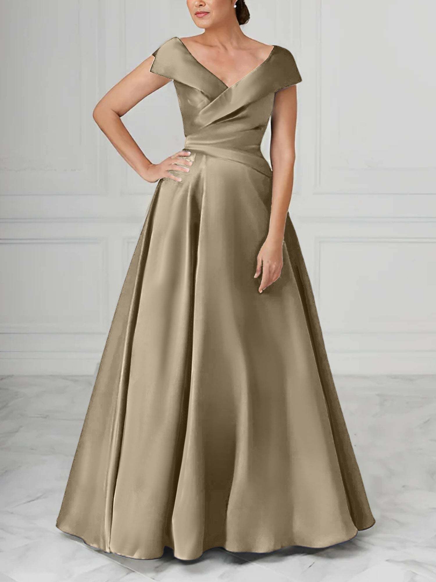 V-Neck Satin A-Line Mother of the Bride Dresses with Ruched Princess Details