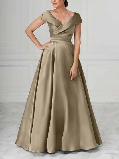 V-Neck Satin A-Line Mother of the Bride Dresses with Ruched Princess Details