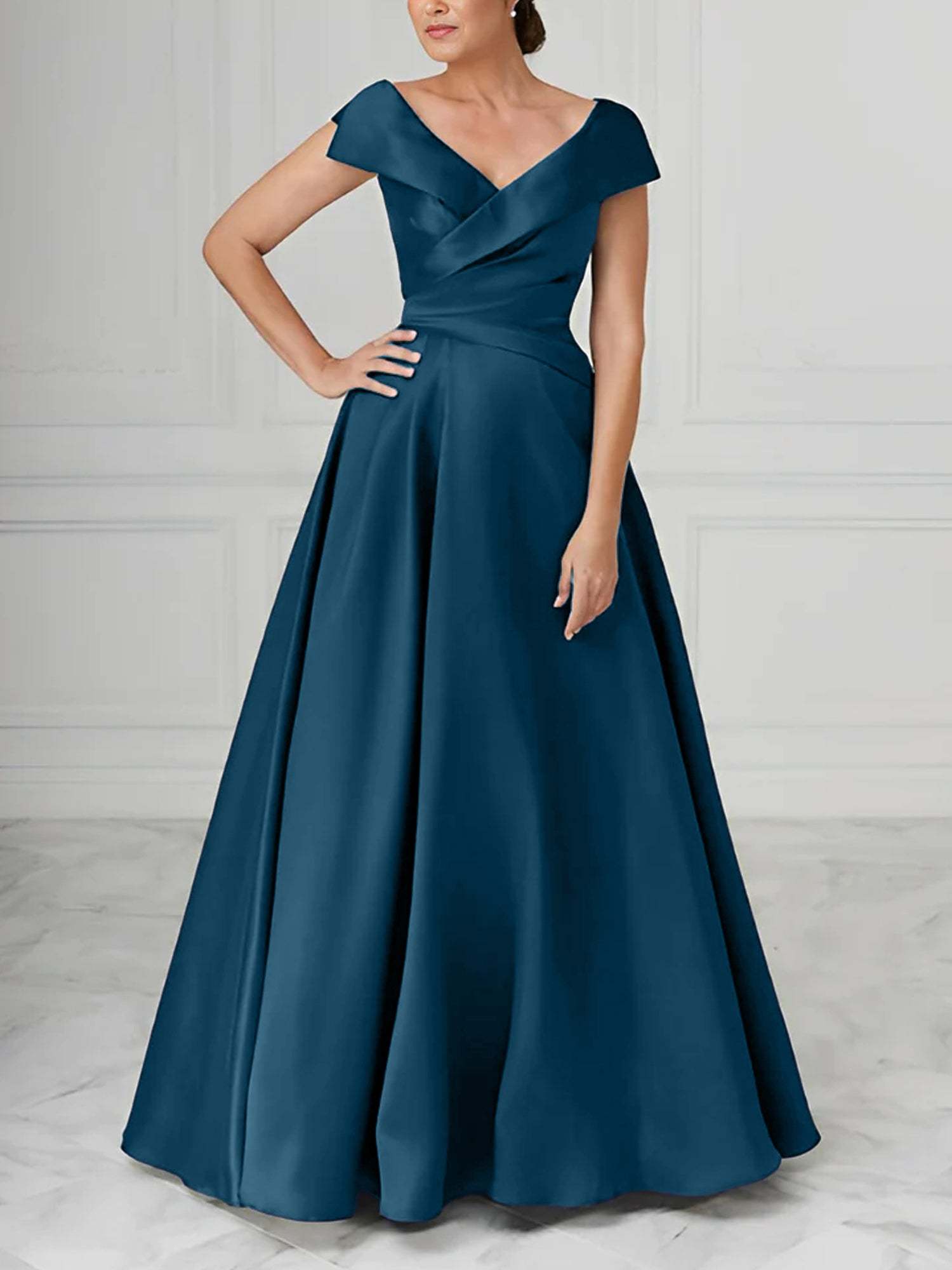 V-Neck Satin A-Line Mother of the Bride Dresses with Ruched Princess Details