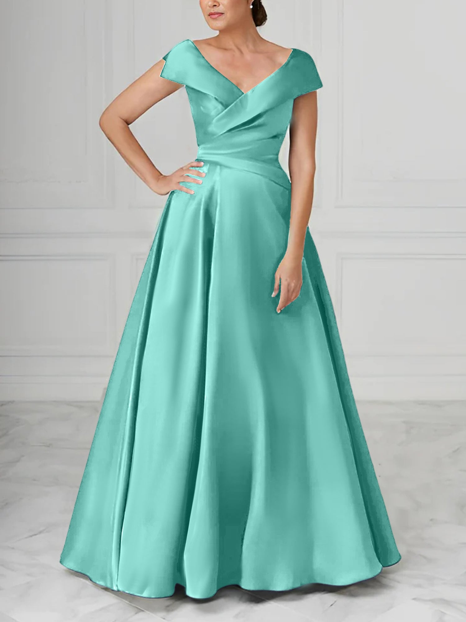 V-Neck Satin A-Line Mother of the Bride Dresses with Ruched Princess Details
