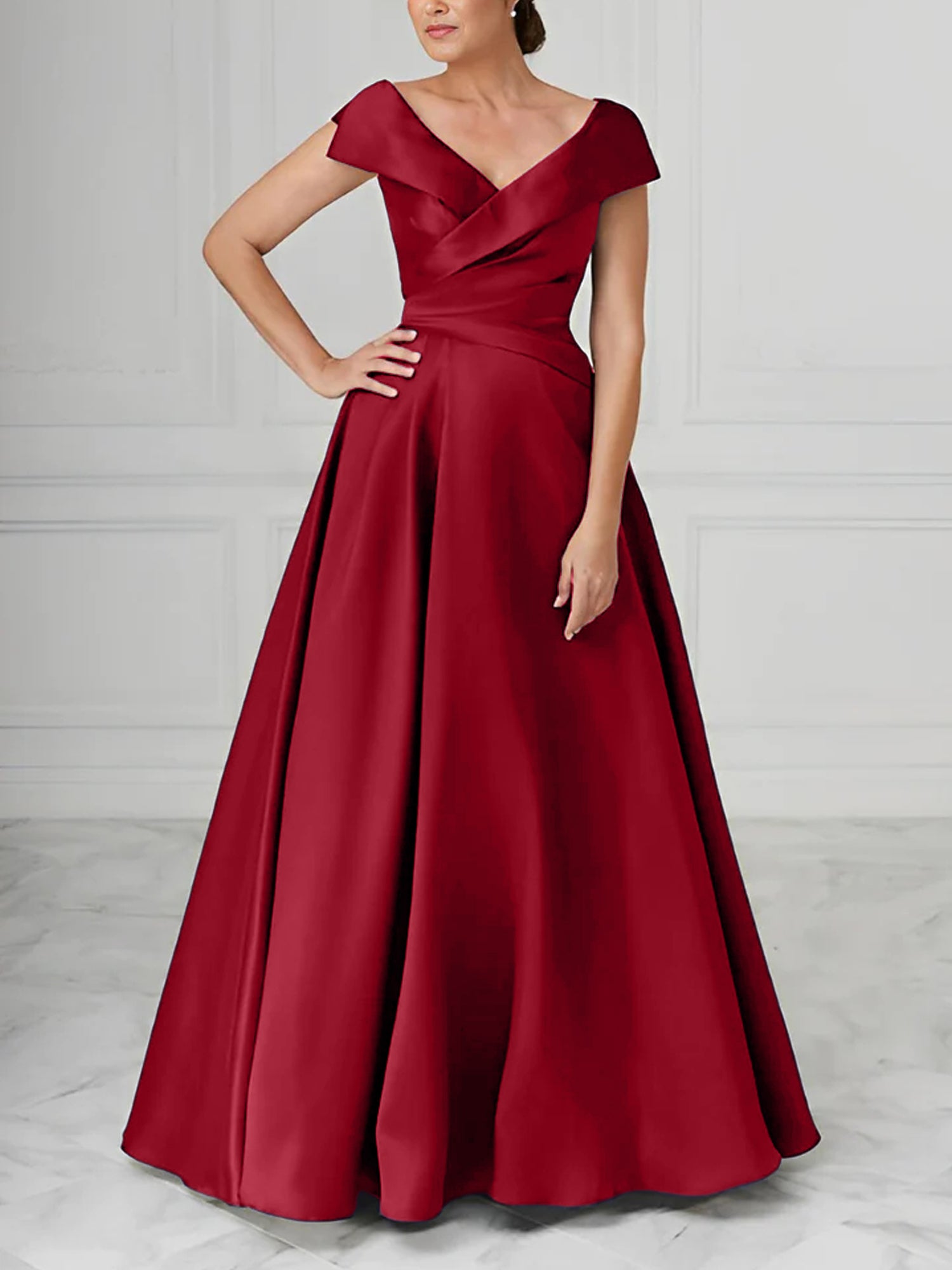 V-Neck Satin A-Line Mother of the Bride Dresses with Ruched Princess Details