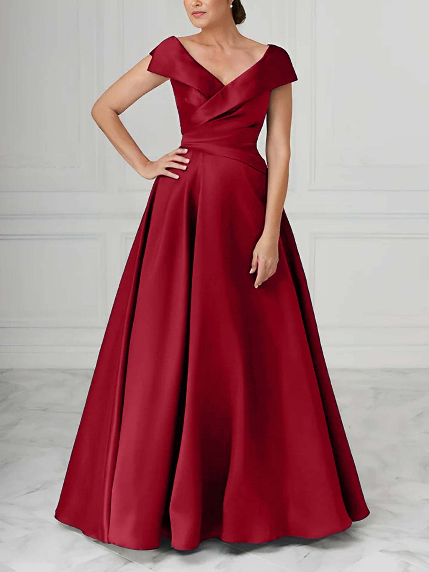V-Neck Satin A-Line Mother of the Bride Dresses with Ruched Princess Details