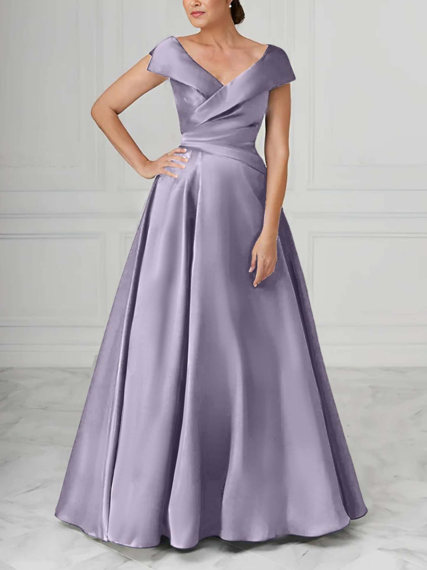 V-Neck Satin A-Line Mother of the Bride Dresses with Ruched Princess Details