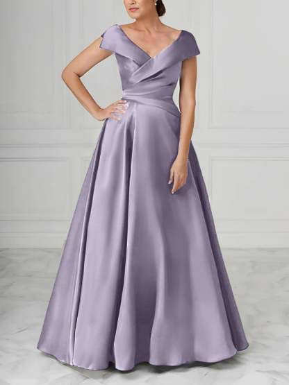 V-Neck Satin A-Line Mother of the Bride Dresses with Ruched Princess Details